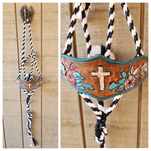 Justin Boots Other - Handmade Mule Tape & Leather Noseband Carved Concho Cross Horse Halter